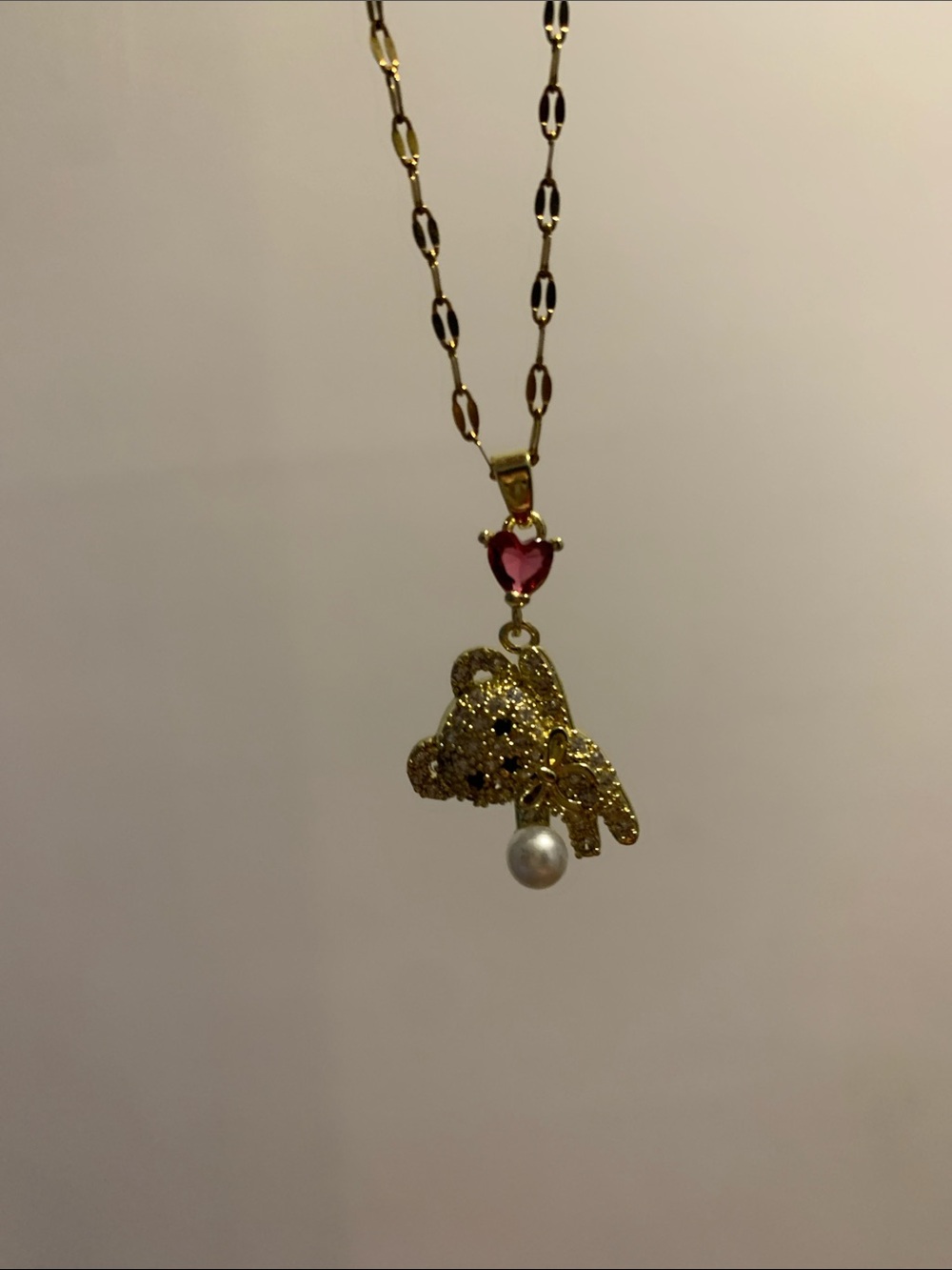 Real Gold Teddy Pendant Necklace with Pink Heart and Pearl Accent